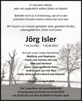 Traueranzeige von Jörg Isler  von Magdeburger Volksstimme
