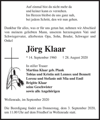 Traueranzeige von Jörg Klaar  von Magdeburger Volksstimme