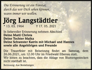 Traueranzeige von Jörg Langstädtler  von Magdeburger Volksstimme