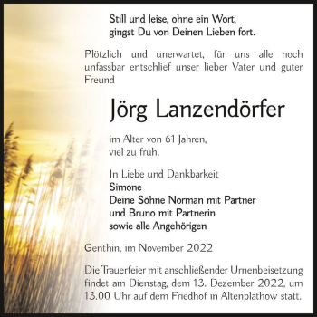 Traueranzeige von Jörg Lanzendörfer  von Magdeburger Volksstimme