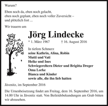 Traueranzeige von Jörg Lindecke  von Magdeburger Volksstimme