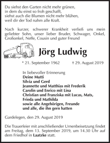 Traueranzeige von Jörg Ludwig  von Magdeburger Volksstimme
