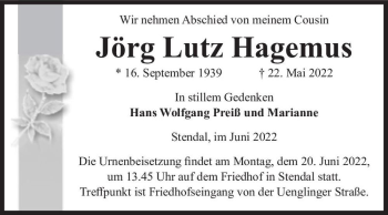 Traueranzeige von Jörg Lutz Hagemus  von Magdeburger Volksstimme