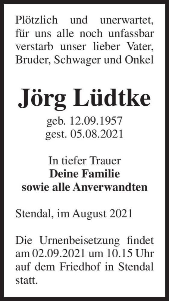  Traueranzeige für Jörg Lüdtke  vom 14.08.2021 aus Magdeburger Volksstimme