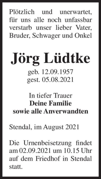 Traueranzeige von Jörg Lüdtke  von Magdeburger Volksstimme