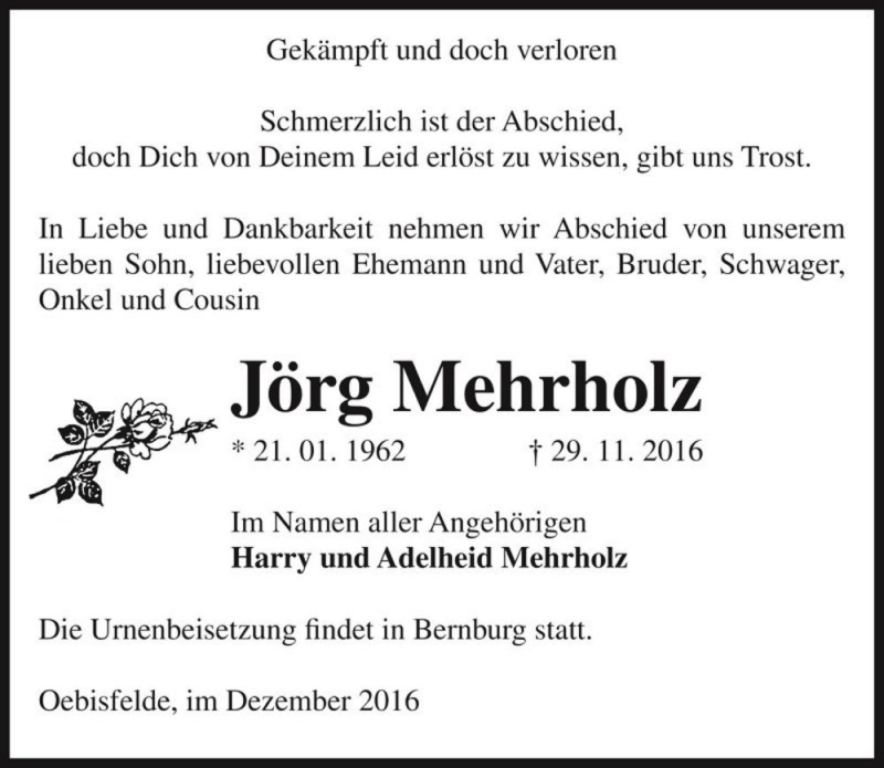  Traueranzeige für Jörg Mehrholz  vom 03.12.2016 aus Magdeburger Volksstimme