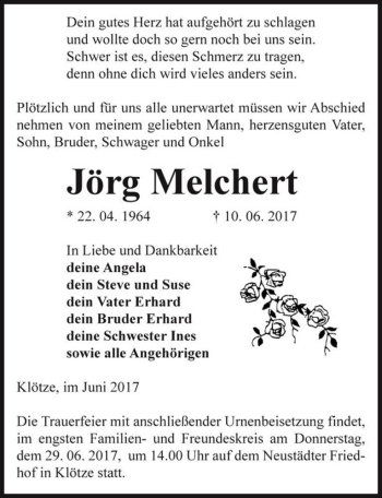 Traueranzeige von Jörg Melchert  von Magdeburger Volksstimme