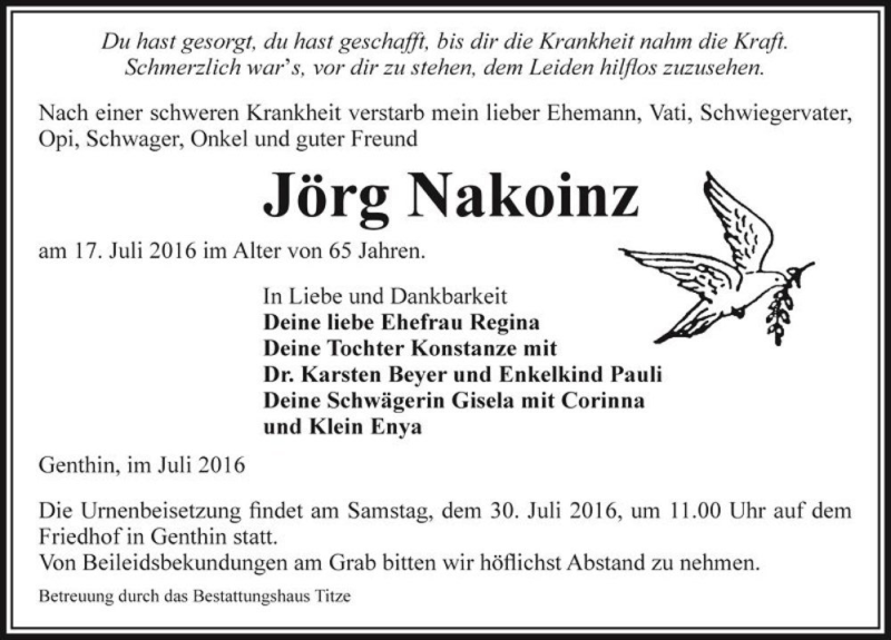  Traueranzeige für Jörg Nakoinz  vom 23.07.2016 aus Magdeburger Volksstimme