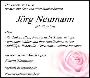 Traueranzeige von Jörg Neumann (geb. Nebeling)  von Magdeburger Volksstimme