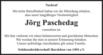 Traueranzeige von Jörg Paschedag  von Magdeburger Volksstimme