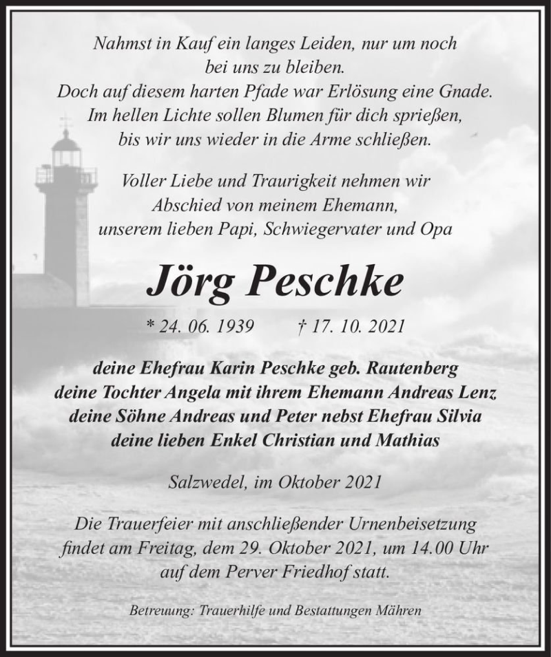  Traueranzeige für Jörg Peschke  vom 20.10.2021 aus Magdeburger Volksstimme