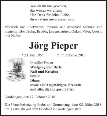 Traueranzeige von Jörg Pieper  von Magdeburger Volksstimme