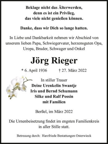 Traueranzeige von Jörg Rieger  von Magdeburger Volksstimme
