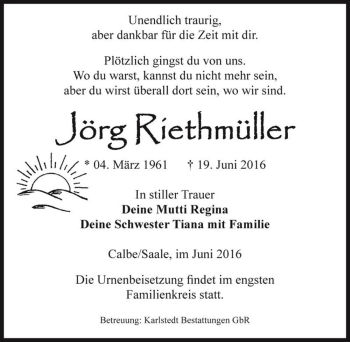 Traueranzeige von Jörg Riethmüller  von Magdeburger Volksstimme