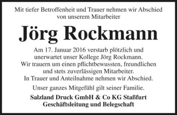 Traueranzeige von Jörg Rockmann  von Magdeburger Volksstimme