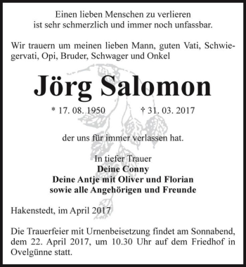 Traueranzeige von Jörg Salomon  von Magdeburger Volksstimme