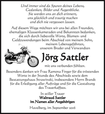 Traueranzeige von Jörg Sattler  von Magdeburger Volksstimme
