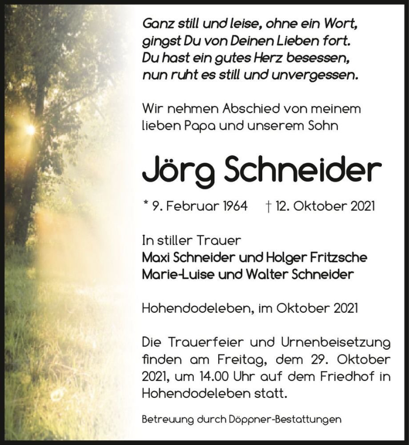  Traueranzeige für Jörg Schneider  vom 16.10.2021 aus Magdeburger Volksstimme