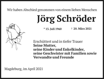 Traueranzeige von Jörg Schröder  von Magdeburger Volksstimme