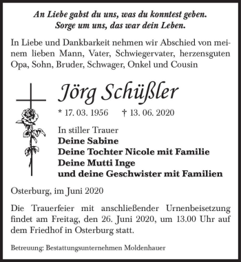 Traueranzeige von Jörg Schüßler  von Magdeburger Volksstimme