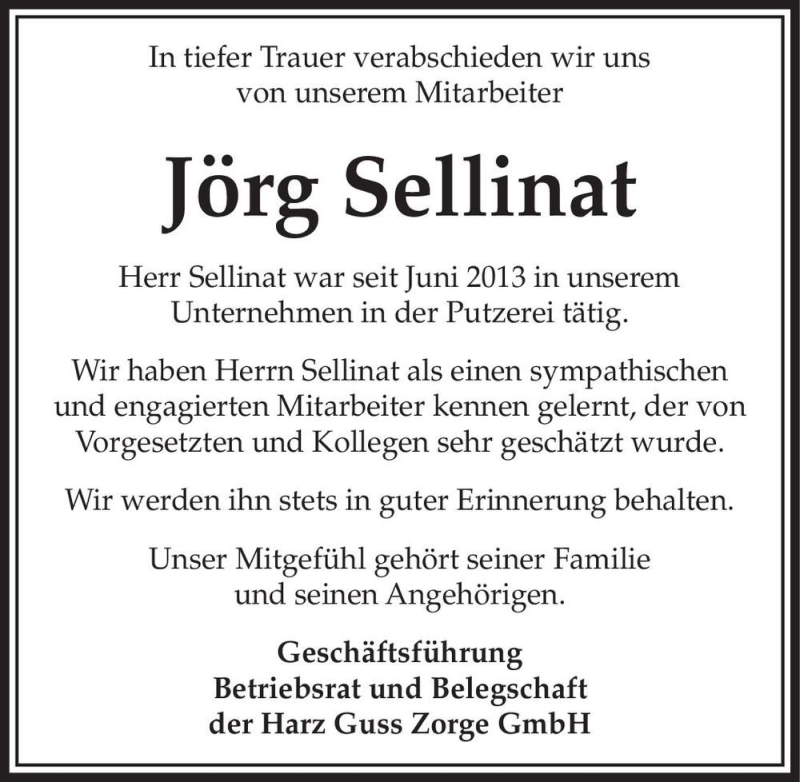  Traueranzeige für Jörg Sellinat  vom 04.07.2018 aus Magdeburger Volksstimme