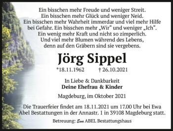 Traueranzeige von Jörg Sippel  von Magdeburger Volksstimme