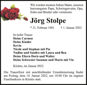 Traueranzeige von Jörg Stolpe  von Magdeburger Volksstimme
