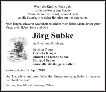 Traueranzeige von Jörg Subke  von Magdeburger Volksstimme