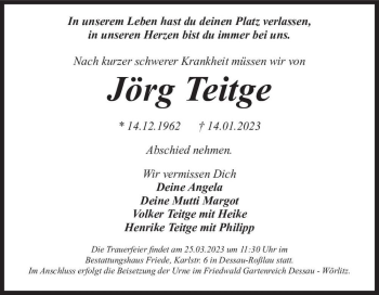 Traueranzeige von Jörg Teitge  von Magdeburger Volksstimme