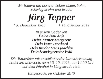 Traueranzeige von Jörg Tepper  von Magdeburger Volksstimme