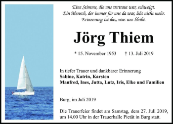 Traueranzeige von Jörg Thiem  von Magdeburger Volksstimme