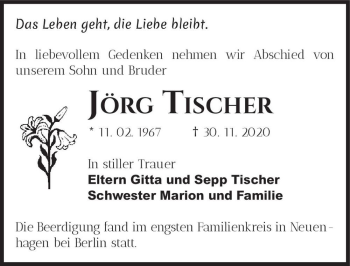 Traueranzeige von Jörg Tischer  von Magdeburger Volksstimme