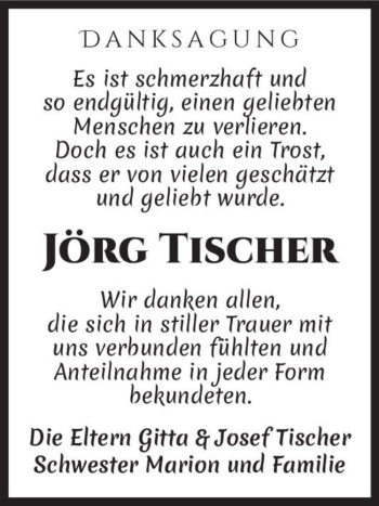 Traueranzeige von Jörg Tischer  von Magdeburger Volksstimme