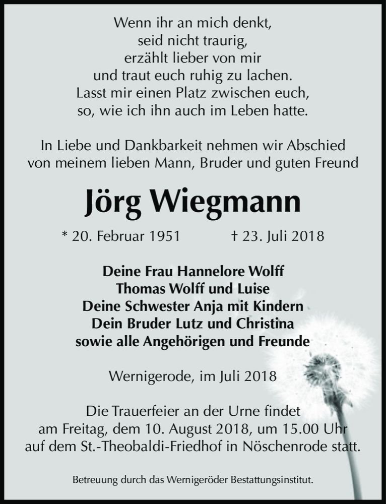 Traueranzeige für Jörg Wiegmann  vom 26.07.2018 aus Magdeburger Volksstimme