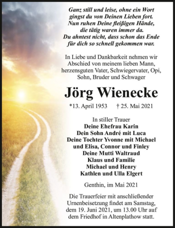 Traueranzeige von Jörg Wienecke  von Magdeburger Volksstimme