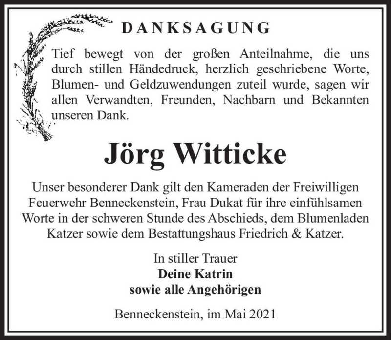  Traueranzeige für Jörg Witticke  vom 22.05.2021 aus Magdeburger Volksstimme