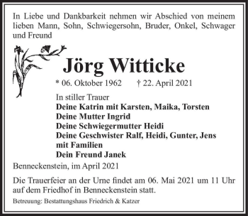 Traueranzeige von Jörg Witticke  von Magdeburger Volksstimme