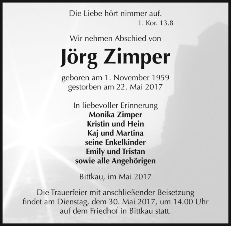  Traueranzeige für Jörg Zimper  vom 27.05.2017 aus Magdeburger Volksstimme