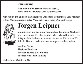 Traueranzeige von Jörgen Leipner  von Magdeburger Volksstimme