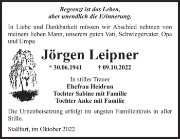 Traueranzeige von Jörgen Leipner  von Magdeburger Volksstimme