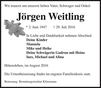 Traueranzeige von Jörgen Weitling  von Magdeburger Volksstimme