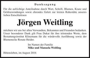 Traueranzeige von Jörgen Weitling  von Magdeburger Volksstimme