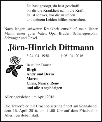Traueranzeige von Jörn-Hinrich Dittmann  von Magdeburger Volksstimme