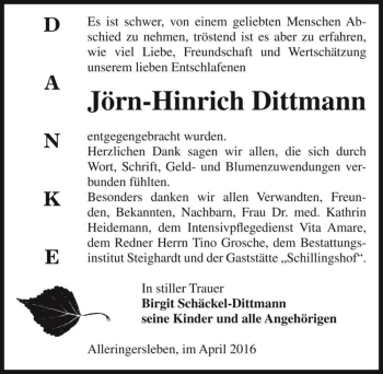 Traueranzeige von Jörn-Hinrich Dittmann  von Magdeburger Volksstimme