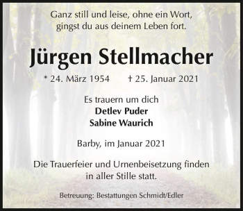 Traueranzeige von Jüfgen Stellmacher  von Magdeburger Volksstimme