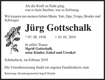 Traueranzeige von Jürg Gottschalk  von Magdeburger Volksstimme