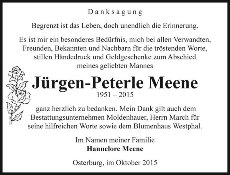  Traueranzeige für Jürgen-Peterle Meene  vom 17.10.2015 aus Magdeburger Volksstimme