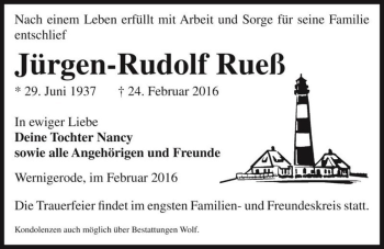 Traueranzeige von Jürgen-Rudolf Rueß  von Magdeburger Volksstimme