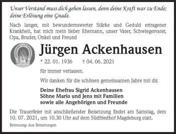 Traueranzeige von Jürgen Ackenhausen  von Magdeburger Volksstimme
