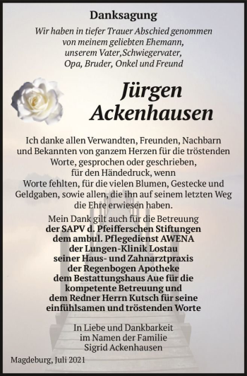 Traueranzeige von Jürgen Ackenhausen  von Magdeburger Volksstimme